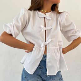 Women's Blouses Gaono Women Tie Front Peplum Shirt Y2K Puff Sleeve Striped Babydoll Blouse Tops Summer Cute Ruffle Hem Bow