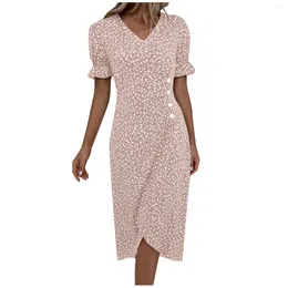 Casual Dresses Summer Floral Bodycon Midi Dress For Women V Neck Short Sleeve Ruched Slim Fit Female Sexy Vestido Robe 2024