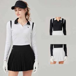 Women's Tracksuits SG Autumn Lady Patchwork Tops Long Slve V Neck Shirt Girls Solid High Waist Pleated Skirt Women Culottes Suits Y240507