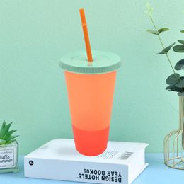 Cups Saucers Reusable Water Cup Color Changing Straw Temperature Sensitive Plastic Tumblers Coffee Juice Cold Wate For Outdoor Indoor