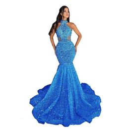 Mermaid Halter Sequin Prom Dresses 2024 Long Sparkly Beaded Sexy Sheer Sheath Formal Evening Party Gowns with Train