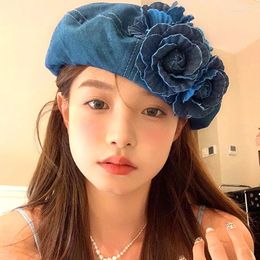 Berets Rose Flower Cowboy Beret Spring Summer Retro Fashion Hat Women Korean Casual Painter Elegant Literature Artist Caps