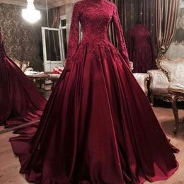 Burgundy Satin Long Sleeves High Neck Muslim Arabic Prom Dresses 2021 Lace Applique Beaded Formal Evening Gowns Vestidos De Fiesta AL81 249L