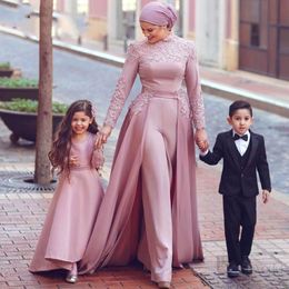 Blush Pink Arabic Muslim Women Jumpsuit Dresses Evening Wear Detachable High Neck Long Sleeves Prom Dress Moroccan Kaftan Appliques Lac 242p