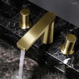 Bathroom Sink Faucets Fashion Brushed Gold Brass Faucet Three Holes Two Handle Cold Water Mixer Basin