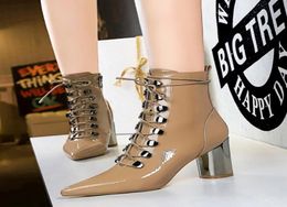 19883 Korean fashion trend bright lacquer leather pointed metal heel cross strap short boots5712838