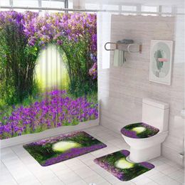 Shower Curtains Purple Flowers Vine Bathroom Curtain Set Garden Scenery Fabric Screen Anti-slip Bath Mat Toilet Lid Cover Carpet Rug Home