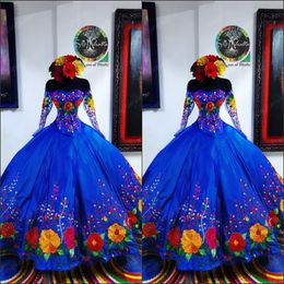 2022 Vintage Royal Blue Mexican Sweet 16 Dresses Charro Flower Embroidered Satin Off The Shoulder Quinceanera Dress Illusion Long Sleev 216a