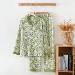 Women's Sleepwear Cotton Long Sleeved Pants Pyjamas Two-Piece Loose Casual Home Clothes Fashion Printed Green Nightwear