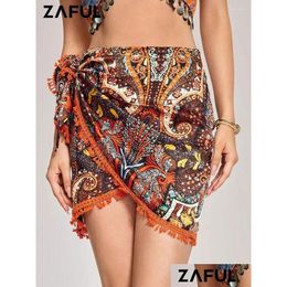 Skirts Zaf Bohemian Floral Mini Skirt For Women Printed Bottom Zipper Cloghet Tassel Tip Hem Short Dress Dresses Drop Delivery Apparel Dhfra