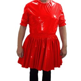 PVC Leather O-neck Short Dress Mens Nightclub Cosplay Maid Waiter Dress Sissy Sexy A-line Mini Dress 7XL