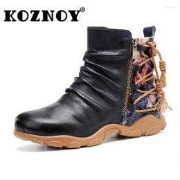 Boots Koznoy 2.5cm Retro Print Cloth Pleated Sheepskin Leather Autumn Spring Ankle Woman Flats Loafer Ladies Plus Size Shoes