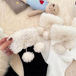 Women Socks Fashion Winter Calf JK Japanese Sweet Faux Lamb Wool Trim Plush Ball Bow Ribbed Knit Middle Tube