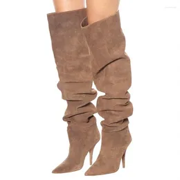Boots 2024 Fall Winter Runway Brown Suede Pleated Loose Over The Knee Tight High Pointed Toe Cone Heels Fashion Long