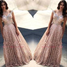 2020 Rose Gold Sequins Prom Dresses Crystals Sparkly Gillter Beaded Straps Floor Length Custom Made Plus Size Evening Party Gowns vesti 178S