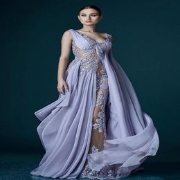 Deep V-neck Lavender Evening Dresses With Wrap Appliques Sheer Backless Celebrity Dress Evening Gowns Stunning Chiffon Long Prom Dress 270M