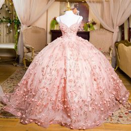 Pink Shiny Princess Quinceanera Dresses Ball Gown Off The Shoulder 3D Floral Lace Beads Tull Corset Sweet 15 Vestidos De XV Anos