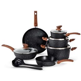 Dishdelight Pans Non Stick, 12 Piece Kitchen Sets, Nonstick Granite Cooking Set Pots and Induction Cookware Sets with Frying Pans, Black