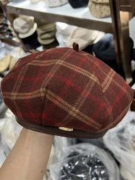 Berets Brushed Woolen Plaid Leather Brim Beret Female Autumn And Winter British Lady Ins Painter Hat