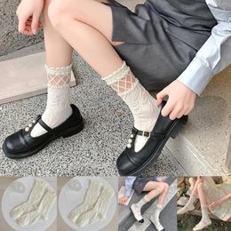 Women Socks Japanese Elegant Flower Embossed Ankle JK Girl Student Sheer Mesh Spliced Ruffle Frilly White