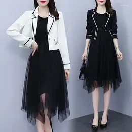 Work Dresses Formal Occasion Fashion Suit Dress Women 2024 Spring Short Section Blazer With Mesh Vest Two Piece Korean Elegant