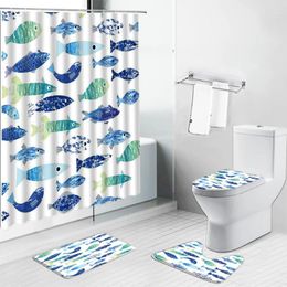 Shower Curtains Cartoon Fishs Ocean Animals Set Child Baby Bathroom Decor Screens Non-Slip Mat Toilet Seat Cover Pedestal Rug