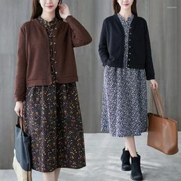 Work Dresses 2024 Spring Autumn Retro Cotton Linen Floral Dress Women Clothing Large Size Knitted Jacket Long Sleeve Two-Piece Sets Aq122