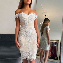Light Champagne Beaded Cocktail Dresses Knee Length Short White Lace Applique Sweetheart Women Tight Fitted Party Dress 2528