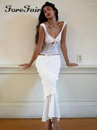 Work Dresses Forefair Lace 2 Piece Sets Sheer Women White Bow Mesh Sexy Hollow Out Crop Top Hook Midi Skirt Fashion Street Club Outfits