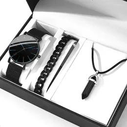 Wristwatches 3PCS Set Mens Minimalist Fashion Calendar Watches Men Business Mesh Belt Quartz Watch Male Casual Necklace Bracelet Wristwatch