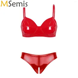 Women's Swimwear Womens Glossy Patent Leather Two Pieces Lingerie Set Underwear Spaghetti Straps Bra Tops With Open Crotch High Cut Briefs