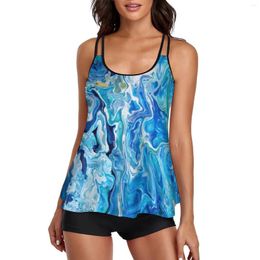 Women's Swimwear Ocean Blue Marble Swimsuit Modern Art Print Two Piece Tankini Retro Bathing Suit Large Size Custom Fitness Beachwear
