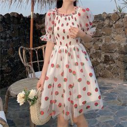 Party Dresses Sweet Strawberry Lace Dress Women French Style Chiffon Elegant Printed Casual Puff Sleeve Kawaii Woman 2024