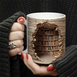 1pc 3D Bookshelf Break Through Coffee Mug Ceramic Cups Book Shelf Water Summer Winter 240422