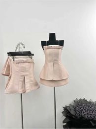 Two Piece Dress Summer Woman Skirt Set Old Money Outfits 2 French Fashion Vintage Tube Top + Party Aesthetic Mini Skirts Elegance Q240511