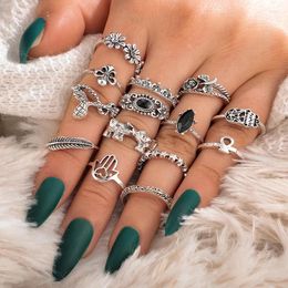 Cluster Rings Boho Finger Jewellery Crown Geometric Rhinestone Leaf Women Ring Sets Hollow Stacking Vintage Silver Colour