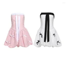 Casual Dresses Strapless Textured Evening Tube Top Dress Sleeveless Elegant Contrast Colour Bowknot Pleated A Line Short For Women