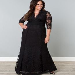 Black Full Lace Plus Size Formal Dresses V-Neck 3 4 Sleeve Mermaid Evening Gowns Floor Length Mother Of The Bride SD3440 292q