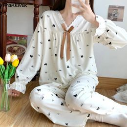 Women's Sleepwear Autumn Pyjama Sets Women V-neck Japanese Mori Girl Style Pleated Suit Ribbon Nighty Flare Sleeve Prevalent Versatile