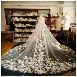 2024 Elegant Cathedral Length Long Bridal Veil Lace Applique Tulle 3D Floral Flowers Pearls Wedding Veils With Free Comb Wedding Accessories