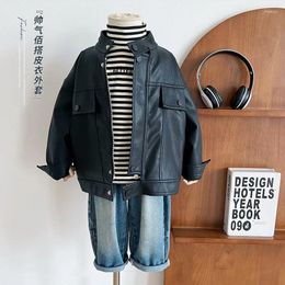 Jackets Children Leather Coat 2024 Spring Autumn Fashionable Boys Handsome Black Stand Collar Casual Simple Kids Cool