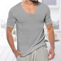 Men's T Shirts Short Sleeve T-shirts V-neck Casual Knitting Tops All-match Solid Color Pullover Soft Loose Fit Breathable T-Shirt For Man