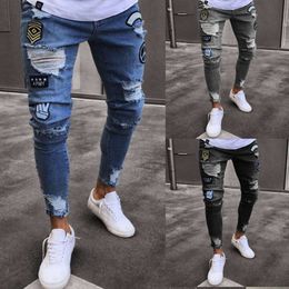Badge Jeans Men's Trendy Knee Zipper Small Feet Tears New Denim Pants M513 53