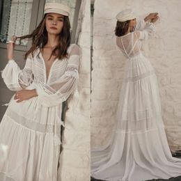 Pretty Boho A-line abito da sposa manica piena illusione illusione posteriore in pizzo Chiffon Bridal Beach Beach Bohemian 2024 Vestidos de noni