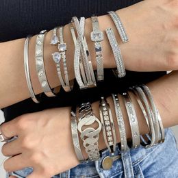 Bangle Flashbuy Trendy Silver Color Stainless Steel Bangle Bracelets for Women Statement Geometric Rhinestone Zircon Accessories Gift T240509