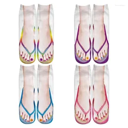 Women Socks 3D Pattern Manicure Print Slippers Flop Funny Running Men Middle Cut Ankle Sock