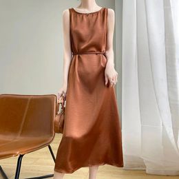 Casual Dresses Women's Silk Satin Long Dress Grab Floral Lace-up A Line Collar Over The Knee With Skirt 2024 Model