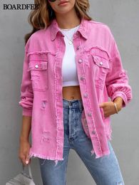 Women Ripped Denim Jacket Spring Casual Distressed Jean Long Sleeve Tops with Pockets Ladies Tassels Solid Coat Loose Outwear 240426