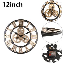 Wall Clocks 3D 12 Inch Retro Industrial Wind Gear Vintage Clock European Style Living Room Classic Golden Roman Numeral Home