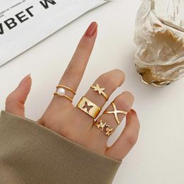 Cluster Rings 2024 Alloy Personalised Open Ring Set 5-Piece Butterfly Hollow Out Five Point Star Joint For Women Girl Wholesale